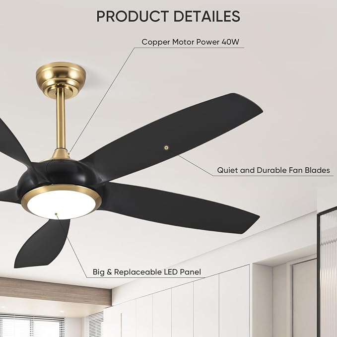 54'' Ceiling Fans with Lights, Indoor/Outdoor Modern Ceiling Fan with Remote, ABS Plastic Blades, Reversible DC Motor, 6 Speeds, 3 Color Lights, ETL Listed, for Bedroom Living Room (Black)