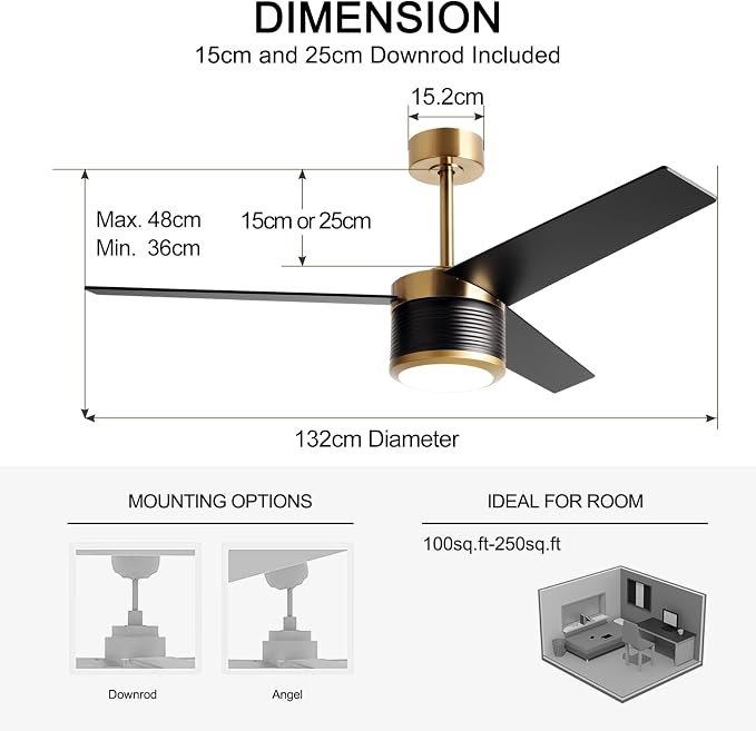 reiga 52" Modern 3 Blades Black Gold DC Motor Ceiling Fan with Light | Wood Ceiling Fans,6 Speeds Timer Compatible with Remote Control/Alexa/Google Home for Living room Bedroom Patio Farmhouse