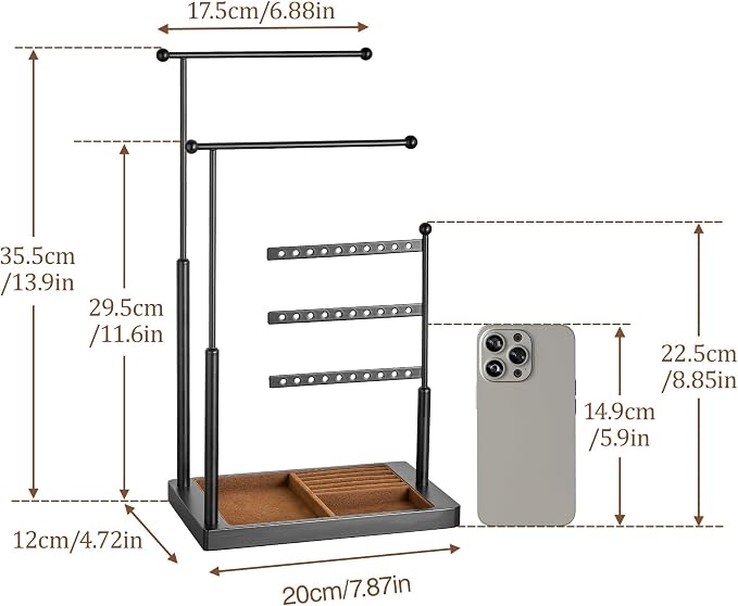 pickpiff Jewelry Organizer Holder Stand: 3 Tier Jewelry Storage Display for Necklace, Bracelet, Earring, Ring, Black & Brown