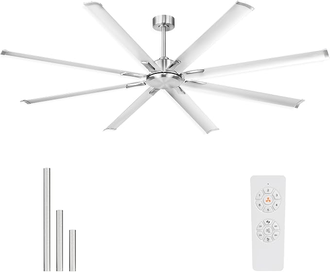 84 Inch Industrial Ceiling Fan Without Light, Brushed Nickel Outdoor Model for Covered Areas, 8 Aluminum Blades, Powerful Airflow, Modern No-Light Design, CF04NBN-84