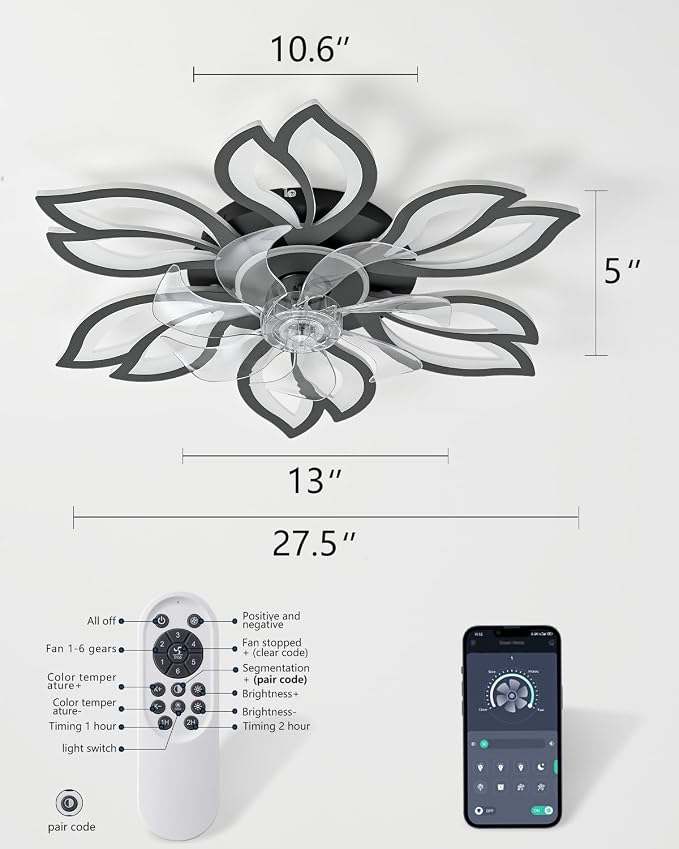 Modern Flower Petal Ceiling Fan with Light, Low Profile Flush Mount LED Fandelier with 3-Color Dimmable Light & 6-Speed Remote, Quiet Bladeless Fan for Bedroom/Living Room – Black