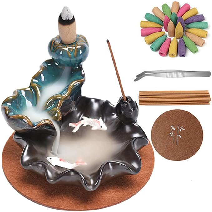 Ceramic Waterfall Backflow Incense Burner Holder, Home Aromatherapy Decoration Ornament with 30 Backflow Incense Cones and 50 Incense Sticks