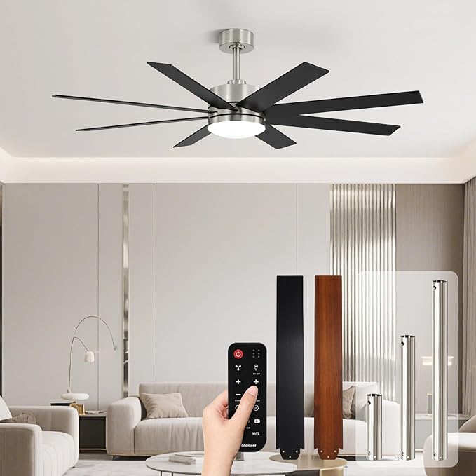72 Inch Ceiling Fans with Lights and Remote, Dual Color 8 Blades, Living Room Office Library Cafe Indoor Outdoor Industrial, 3CCT Dimmable, 6 Speed Reversible Quiet DC Motor, Sand-nickel/Wood Grain
