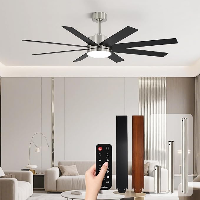 60 Inch Ceiling Fans with Lights and Remote, Dual Color 6 Blades, Bedroom Living Room Office Library Cafe Outdoor Industrial, 3CCT Dimmable, 6 Speed Reversible Quiet DC Motor, Sand-nickel/Wood Grain