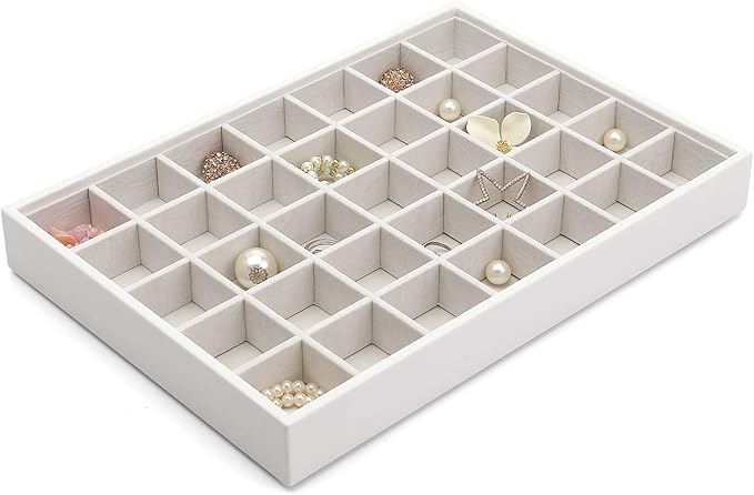 VLANDO Stackable 4-Layer Jewelry Tray - Multipurpose Jewelry Accessories Display Storage and Organizer for Earring Necklace Bracelet Ring, White with Clear Lid