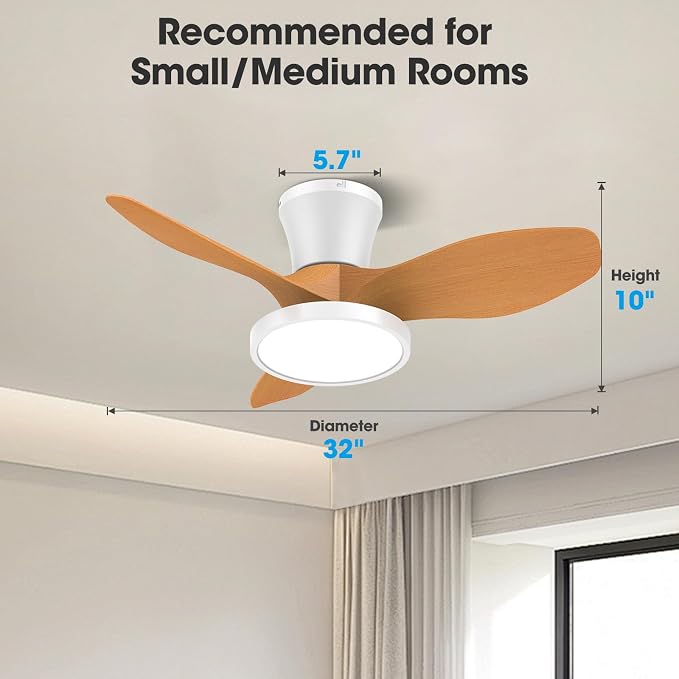 ocioc Quiet Ceiling Fan with LED Light DC motor 32 inch Large Air Volume Remote Control Oak for Kitchen Bedroom Dining room Patio