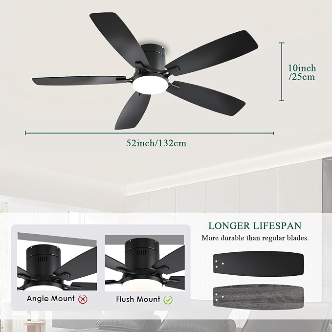 FUMLTP 52inch Ceiling Fans with Lights, Low Profile Ceiling Fan with Light and Remote Control/APP Control, Flush Mount, Reversible DC Motor, Dimmable, Noiseless, Black Ceiling Fan for Bedroom