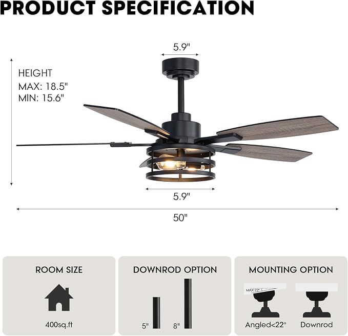 52 Inch Ceiling Fans with Lights and Remote Control, Farmhouse Ceiling Fan for Bedroom Living Room and Patio, Black Caged Ceiling Fan for Indoor and Outdoor