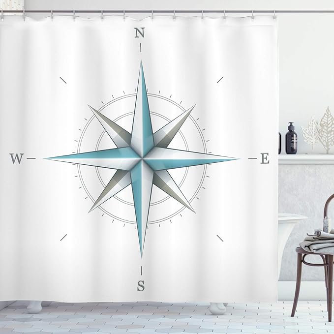Ambesonne Compass Shower Curtain, Antique Wind Rose Diagram for Cardinal Directions Axis of Earth Illustration, Cloth Fabric Bathroom Decor Set with Hooks, 69" W x 70" L, Teal Dimgray