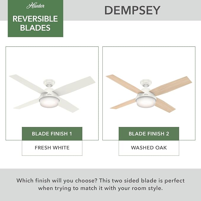 Hunter Dempsey, Indoor, Ceiling Fan, No Light, Modern, 52 inch, Fresh White | Low Profile Mount, Remote Control, 4 Blades, For Bedroom, Living Room, Kitchen, 59248
