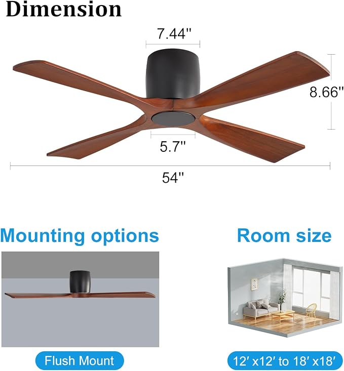 WINGBO 54 Inch Ceiling Fan Without Light, Solid Wood Flush Mount Ceiling Fan with Remote Control, Reversible Quiet DC Motor, 4 Blades, 6-Speed, for Bedroom & Living Room, Matte Black+Walnut
