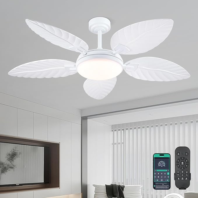 PHORUS 52" White Tropical Outdoor Palm Leaf Ceiling Fans with Lights Remote | Supports Remote and APP, 6 Wind Speeds, Reversible, Dimmable 3CCT LED, 50W Quiet DC Motor,Suits for Living Room Bedroom Patio