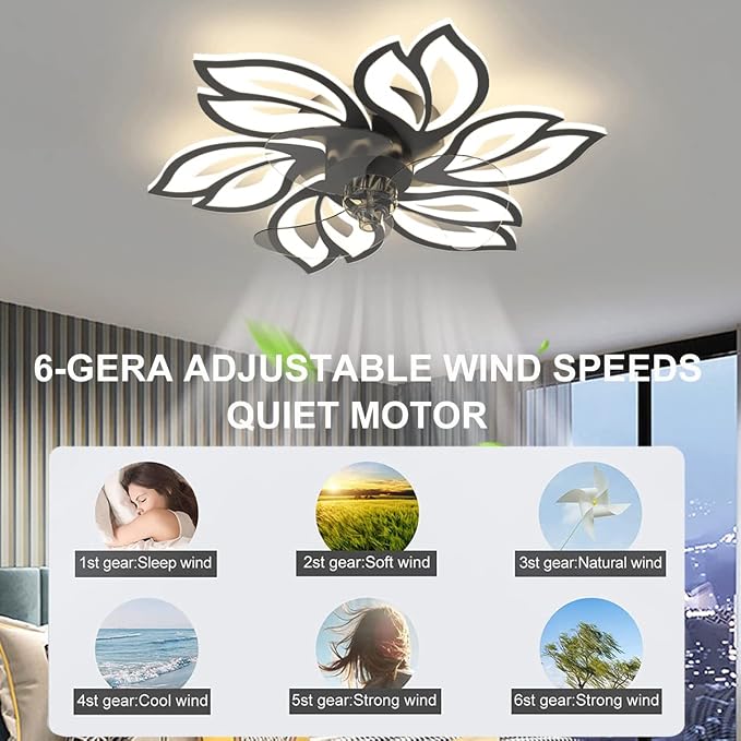 25.6" Bladeless Ceiling Fan with Lights Remote Control, Modern Low Profile Ceiling Fans with Lights, Dimmable 3 Color 6 Wind Speeds LED Ceiling Fan for Bedroom, Living Room, Kids Room - Black