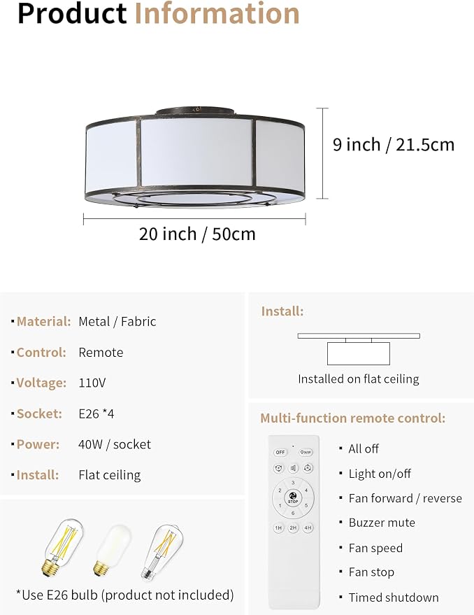 hummingbird 20inch Low Profile Caged Ceiling Fans with Lights, Flush Mount Ceiling Fan with Lights and Remote, Bladeless Modern Enclosed with 6 Speeds for Bedroom, Kitchen, Black