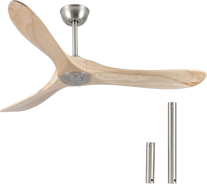 52" Modern Ceiling Fan, No Light, 6-Speed, Reversible, Timed Shutdown, DC Motor, Natural Wood 3 Blade, Porch, Bedroom, Living Room