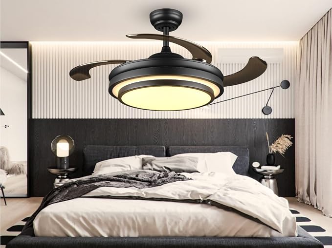 48 Inch Retractable Ceiling Fan with Lights and Remote,Black Fandelier Ceiling Fan with APP Control 6 Speed Dimmable LED Ceiling Fans Silent Reversible Motor for Bedroom Kitchen Living Room