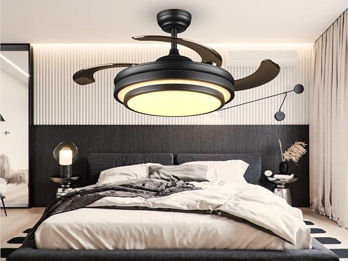 42 Inch Black Modern Ceiling Fan with Lights and APP Control,Retractable Fandelier Celing Fan with Light, 6 Speed,Light Dimmable Memory,Silent Reversible Motor for Bedroom Kitchen Living Room