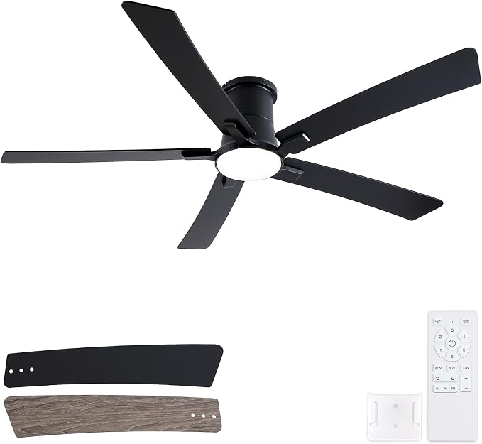 60 Inch Black Flush Mount Ceiling Fans with Lights and Remote | 3CCT Dimmable LED, 6 Speed, Quiet DC Motor, 3-Level Timer Function, Forward/Reserve For all Seasons, Indoor/Covered Outdoor