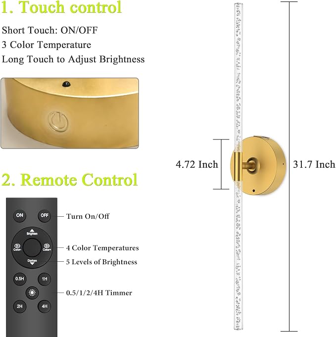 Rechargeable Wall Lights Battery Operated Sconce 2Pack(Gold Bubble Crystal)