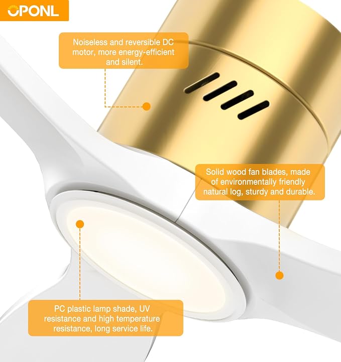 OPONL Ceiling Fan with Light, 52 inch Low Profile Ceiling fan with Light and Remote Control, Reversible, 6CCT, Dimmable, Noiseless, White Ceiling Fan for Bedroom, Indoor/Outdoor Use, Wood