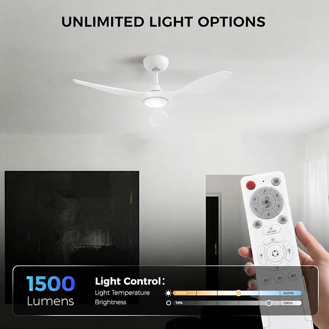 Roomratv Ceiling Fans with Lights and Remote Control,Quiet Noiseless Reversible DC Motor,6 Speeds,Timers, 3 CCT, Indoor Use, Plastic Blades,42 Inch White Modern Ceiling Fan for Bedroom Living Room