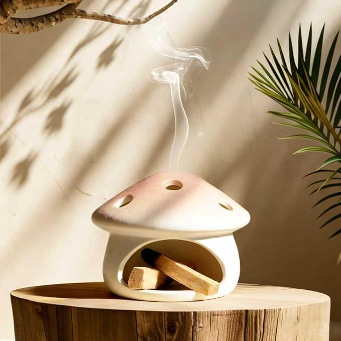 Mushroom Palo Santo Holder Chimney Burner, Ceramic Smudge Bowl for Sage Cones Incense Sticks, Cute Aromatherapy Yoga Meditation Home Decor (Pink)