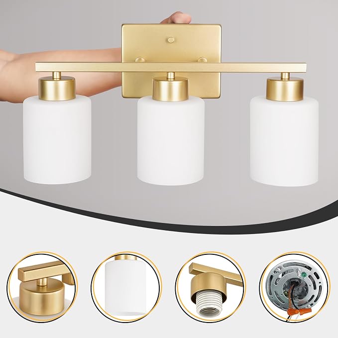 FonmYim Gold Bathroom Light Fixtures, 3-Light Modern Vanity Light Over Mirror, Wall Sconces with Milky White Frosted Glass Shades, E26 Socket (Bulbs Not Included)
