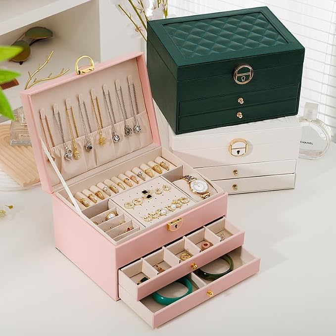 GUOER Jewelry Box for Women Girls, 3 Layers Large Jewelry Organizer (Pink) | Vintage Quilting Stitching PU Leather, Earrings Bracelets Rings Necklace Watches Storage Large Jewellery Holder Case Gifts