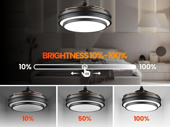 42 Inch Black Modern Ceiling Fan with Lights and APP Control,Retractable Fandelier Celing Fan with Light, 6 Speed,Light Dimmable Memory,Silent Reversible Motor for Bedroom Kitchen Living Room