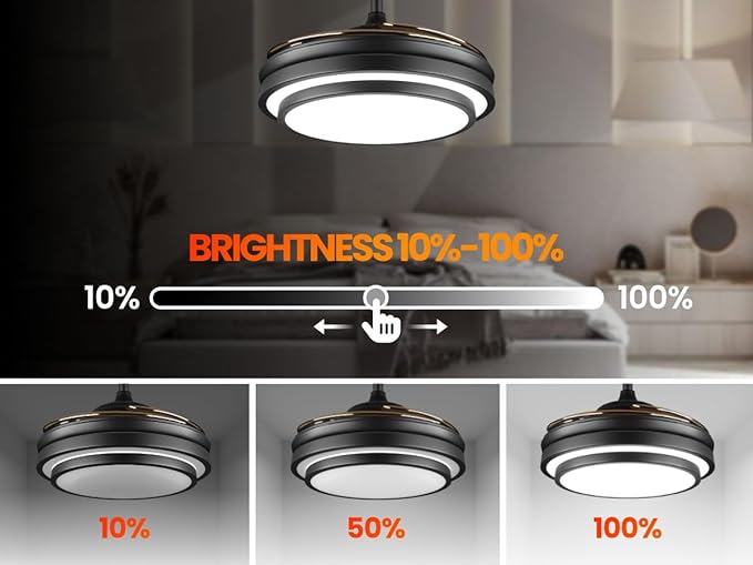 48 Inch Retractable Ceiling Fan with Lights and Remote,Black Fandelier Ceiling Fan with APP Control 6 Speed Dimmable LED Ceiling Fans Silent Reversible Motor for Bedroom Kitchen Living Room