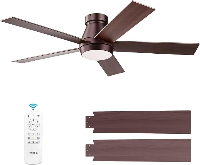 TCL Ceiling Fan with Light: Oil Rubbed Bronze Finish 5 Wood Grain Blade Low Profile Remote Control Flush Mount DC Reversible 3CCT Dimmable Noiseless Fan with Light for Indoor and Room