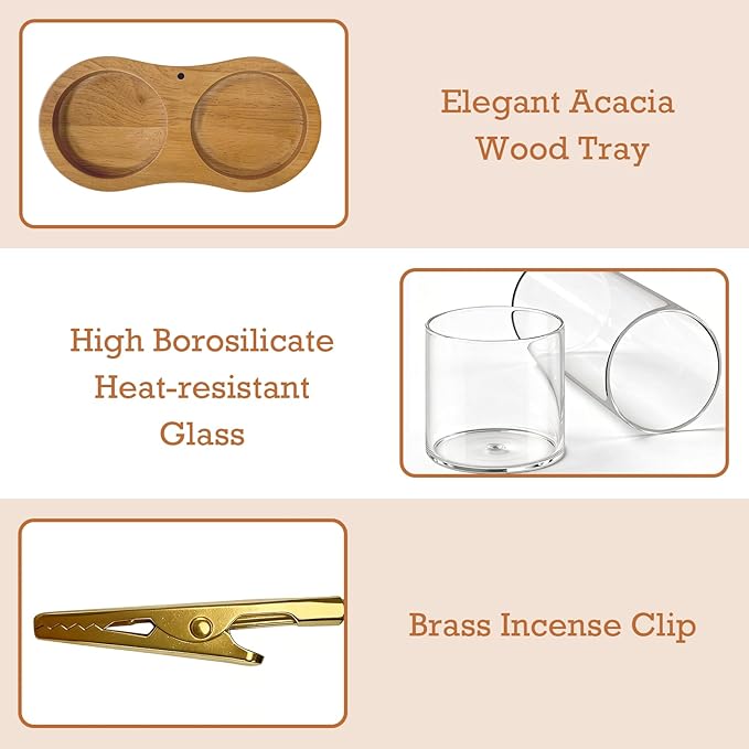 2 in 1 Incense Holder, Wooden Incense Holder for Sticks with Glass Ash Catcher Anti-Ash Flying Upside Down Insence Stick Burner for Meditation Yoga Spa Room Decor (Gold, 7.87“+2.75”)