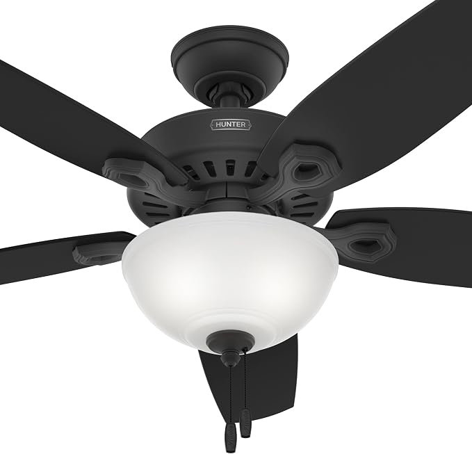 Hunter Builder Deluxe, Indoor, Ceiling Fan, 5 Blades, 52 inch, Matte Black | with LED Light, Standard Mount, Pull Chain, For Bedroom, Living Room, Includes Bulbs, 52386