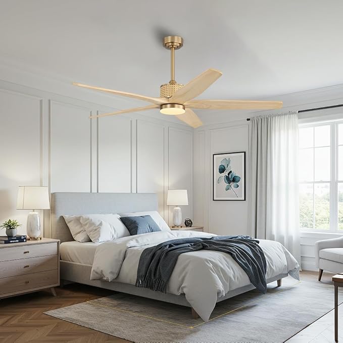 LEDLUX 60" Ceiling Fan with Light – Remote Control, Solid Wood, Quiet Reversible DC Motor, Light Oak/Gold Finish, Includes 4.5"/12" Downrods, Noiseless Ceiling Fan for Bedroom, Living Room, Porch