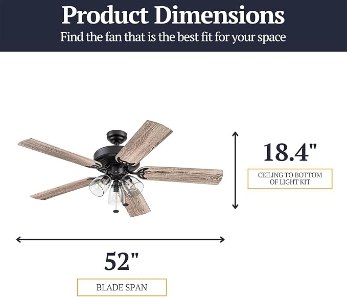 Prominence Home Saybrook 52 Inch Farmhouse LED Indoor Ceiling Fan with Light, Pull Chain Control, 5 Dual Finish Blades, Reversible Motor, Bronze