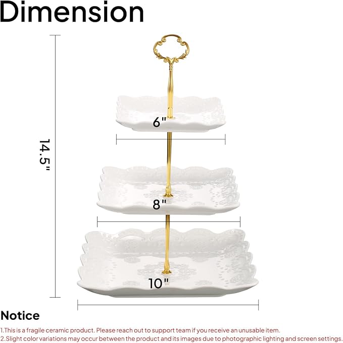 Sumerflos 3 Tier Porcelain Cupcake Stand, Tiered Serving Cake Stand, Square White Embossed Dessert Stand, Weddings Parties Pastry Serving Tray