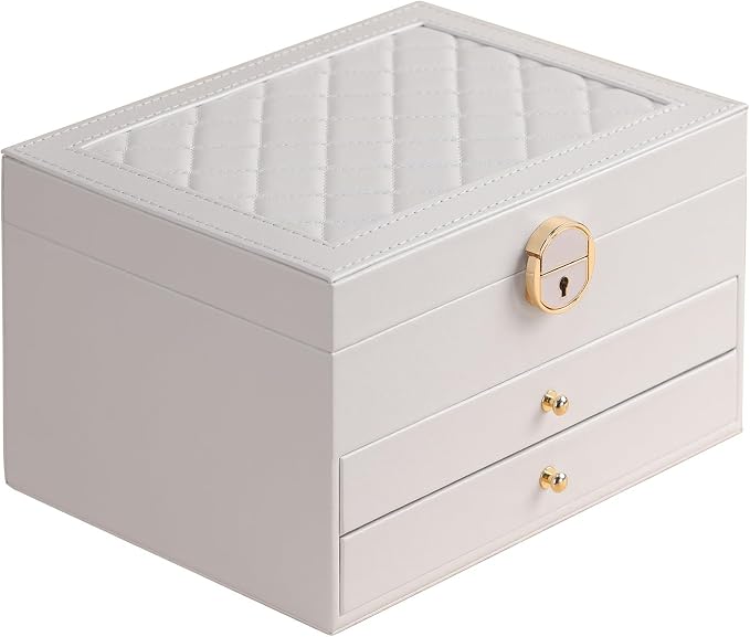 GUOER Jewelry Box for Women Girls, 3 Layers Large Jewelry Organizer (White) | Vintage Quilting Stitching PU Leather, Earrings Bracelets Rings Necklace Watches Storage Large Jewellery Holder Case Gifts