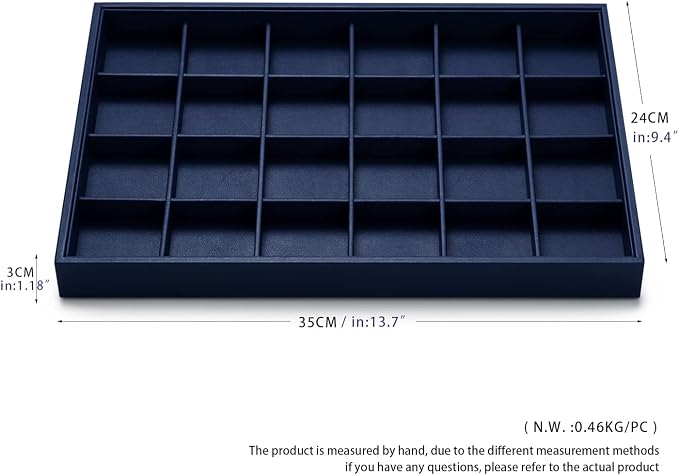 Oirlv Stackable Premium Leather Jewelry Trays 24 Grid Jewelry Organizer for Drawer Rings Earrings Holder Organizer | Blue Leather Exterior, Soft Microfiber Interior, 24 Grid Inserts, Elegant Blue Color, Versatile Jewelry Organizer