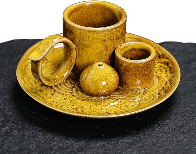 4 in 1 Ceramic Incense Burner Holder with Handle for Burning Sage, Palo Santo Stick, Joss Sticks, Candle in Your New House, Office, Yoga, Meditation Room (Yellow)