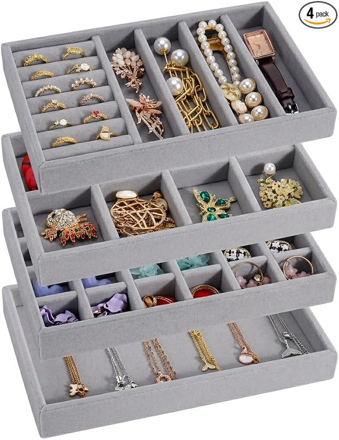 Velvet Jewelry Drawer Organizer – Four-Piece Stackable Jewelry Tray Set for Earrings, Rings, Necklaces, Bracelets, and Watches. Customizable jewelry dividers. Suitable for Dressing Tables or Vanities