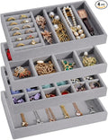 Velvet Jewelry Drawer Organizer – Four-Piece Stackable Jewelry Tray Set for Earrings, Rings, Necklaces, Bracelets, and Watches. Customizable jewelry dividers. Suitable for Dressing Tables or Vanities