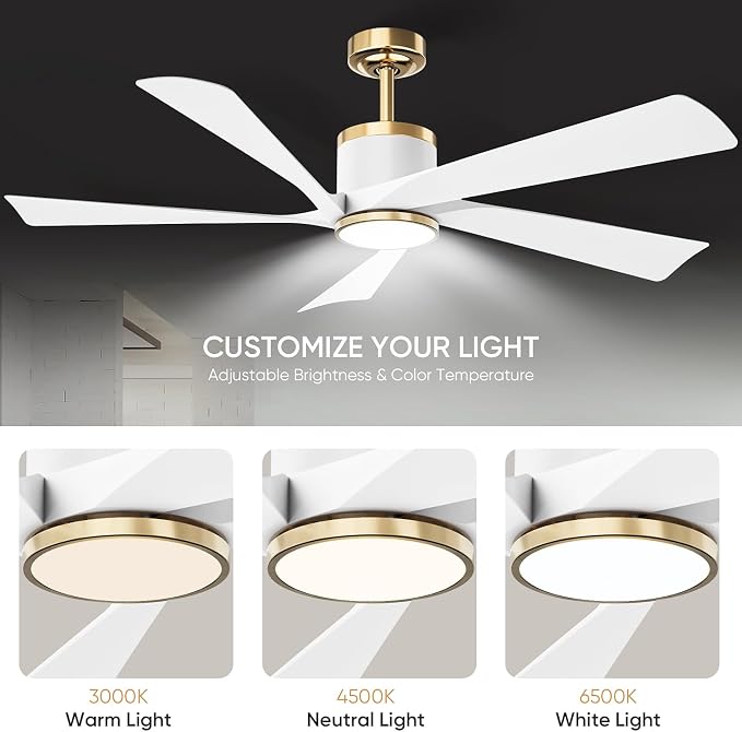 TXCSLY 52" Ceiling Fans with Lights and Remote, Modern Ceiling Fan with Light, Indoor Outdoor Ceiling Fan for Living Room, Bedroom, 5 Blade 3 Color Temperature LED Dimmable (White & Gold)