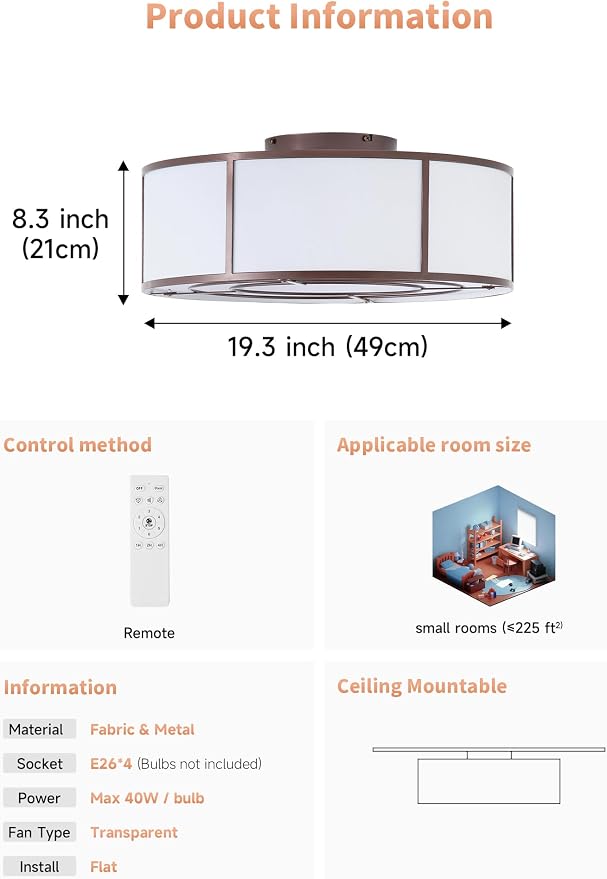 Low Profile Ceiling Fans with Lights, 20" Flush Mount Ceiling Fan with Light, Brown and White Boho Bladeless with 6 Speeds Remote Control for Bedroom, Nursery, Living Room