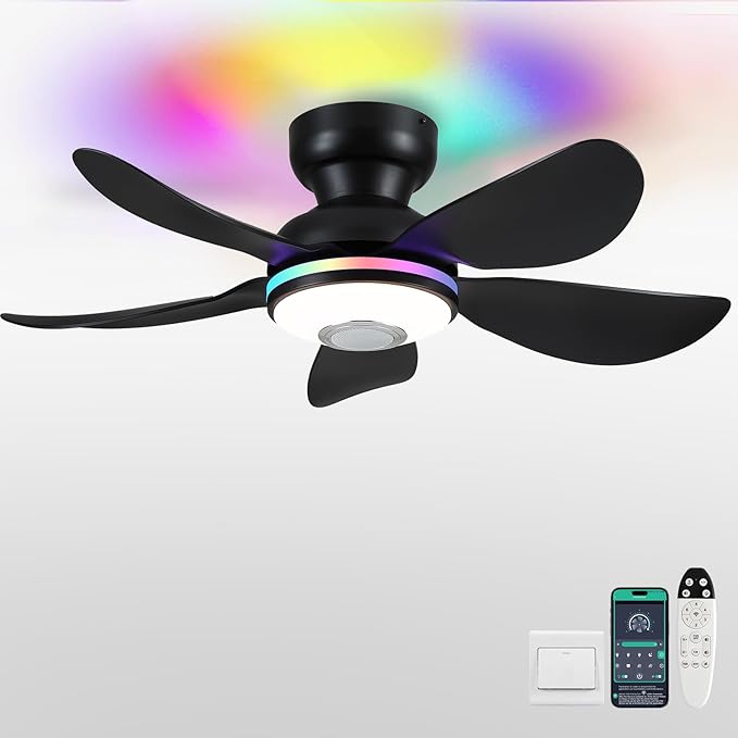 Kviflon 36" Ceiling Fans with RGB Lights Remote/APP Control, Small Ceiling Fan, 3 CCT Dimmable White Lights+RGB Ring Lights+Music Player, 5 Reversible Plastic Blades 6 Speeds for Kidsroom, Black
