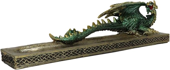 Ebros Gift Celtic Metallic Colored Green Dragon Looking Back Incense Burner Holder Decorative Figurine Aromatherapy Home Fragrance Accessory Dungeons Dragons Medieval Theme