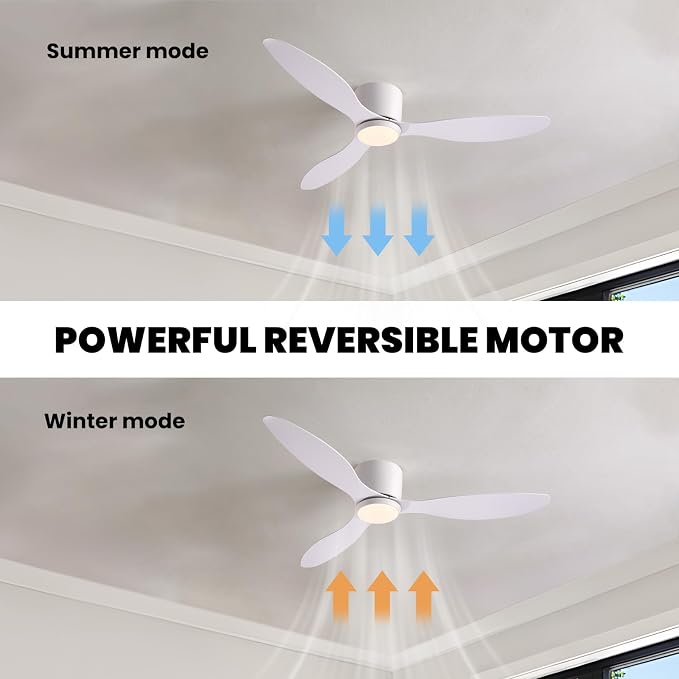 LUDOMIDE Ceiling Fans with Lights,52 Inch Low Profile Ceiling Fan with Wall Control and Remote Control,Dimmable,Flush Mount Ceiling Fan with Noiseless DC Reversible Motor for Bedroom Indoor Use