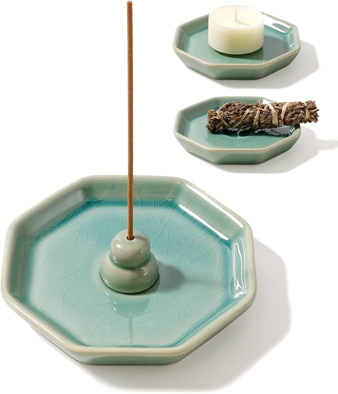 Incense Holder for Sticks, Incense Burner, Ceramic Crackle Glaze Green Incense Holder, Incense Stick Holder with Ash Catcher, ANTIS'S HOME