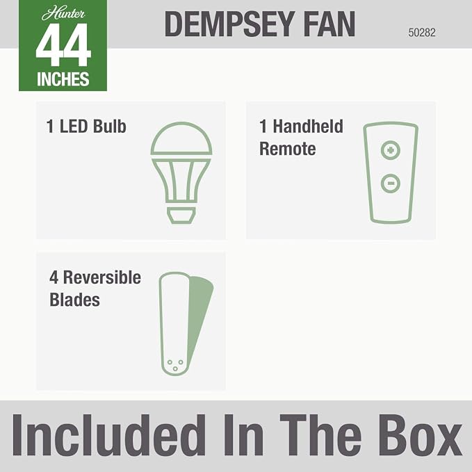 Hunter 44 inch Indoor Ceiling Fan with LED Light and Remote Control - Modern Ceiling Fan, Low Profile Mount, 4 Blades, For Bedroom, Living Room, or Kitchen, Quiet - Dempsey 50282, Brushed Nickel | with LED Light and Remote Control, Low Profile Mount, 4...