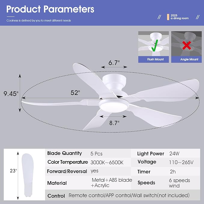 Kviflon 52 Inch Modern Ceiling Fans with Lights, Flush Mount Ceiling Fan with Light and Remote/APP Control, 5 Reversible 6 Speeds Curved Blades, 3 CCT Dimmable Lights for Bedroom, White