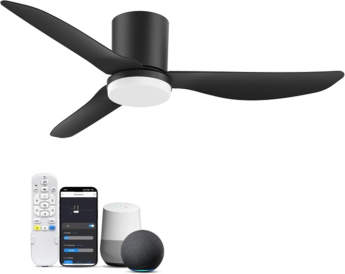 42 Inch Smart Ceiling Fans with Lights Remote,Low Profile Ceiling Fan Control via WIFI Alexa App,Modern Flush Mount Fans for Small Bedroom,Patio,Porch,Outdoor Indoor,Matte Black,Dimmable,Ultra-quiet